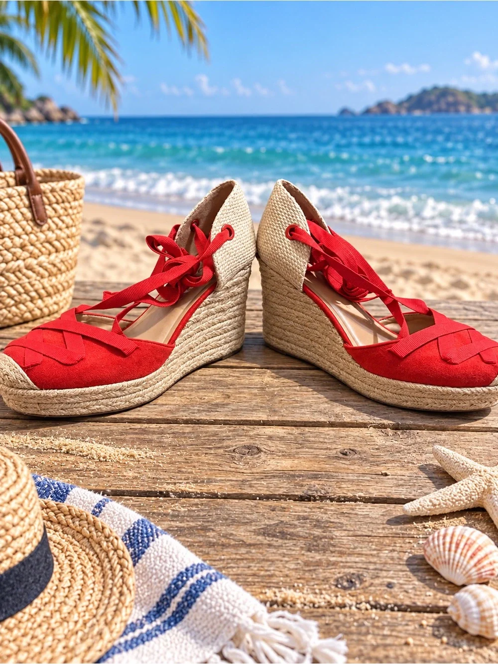 INC Merryy Espadrille Wedge Sandals Red/Natural Jute